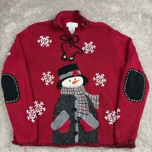 Red Snowman Sweater Size L Patch Ugly Christmas Grandma Holiday Mandal Bay